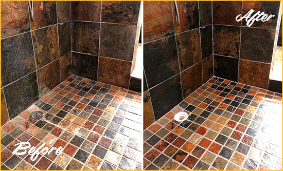 The slate shower floor after deep cleaning and sealing